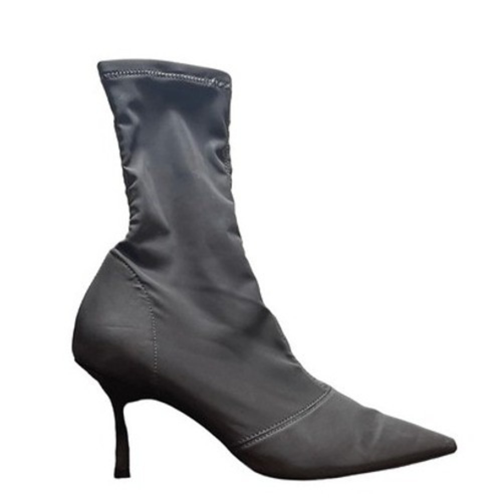 Season 8 Grey Stretch Knit Pointed‎ Toe Heeled Sock Boots Ankle Booties Women's
